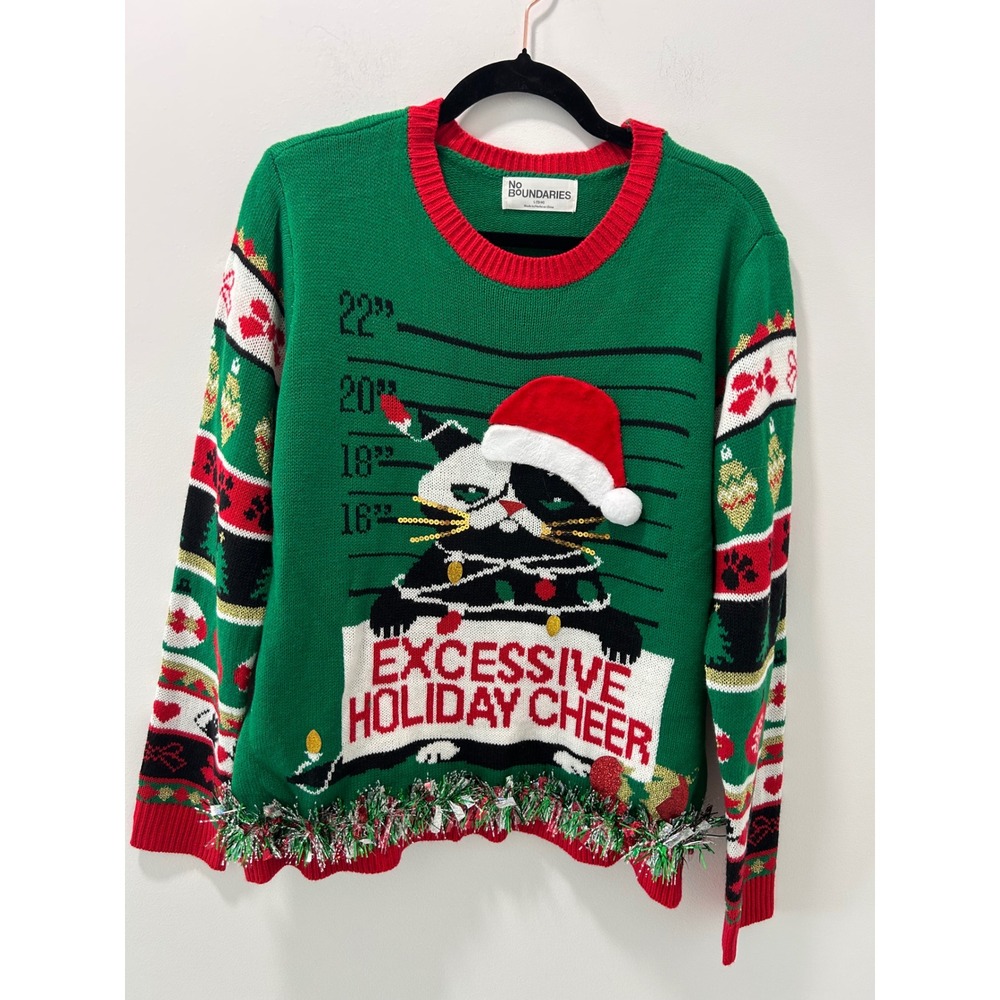 No Boundaries NWT Excessive Holiday Cheer Grumpy Cat Ugly Christmas Sweater L